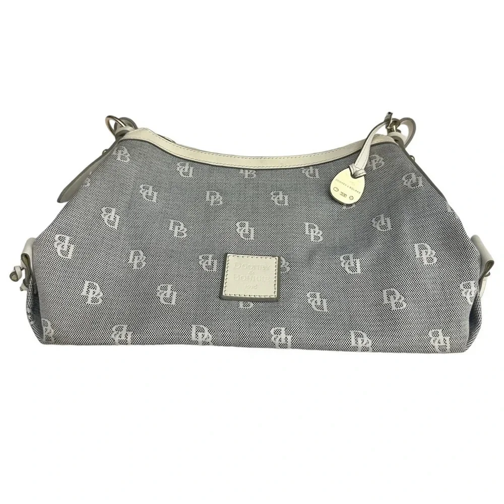 Dooney And Bourke Small East West Slouch Hobo Bag White Leather Gray Canvas